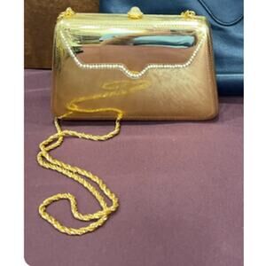 Vintage Gold Metal Evening Bag w Rhinestone and Chain